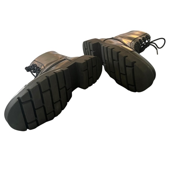 Black Lug Sole Ankle Boots Womens Lace Up Combat Style Side Zipper - Picture 6 of 8